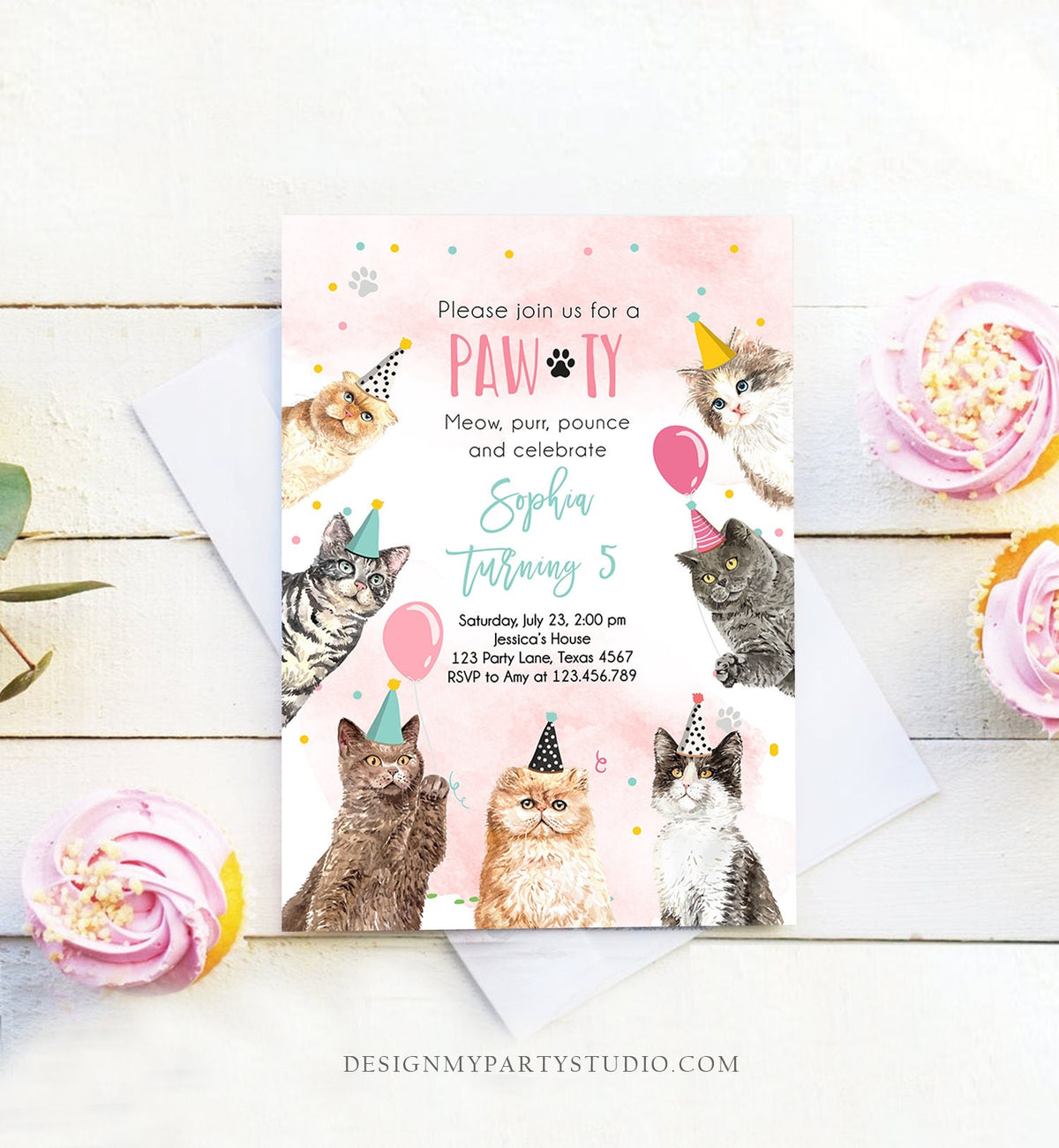 Editable Cat Birthday Party Invitation Kitten Birthday Invite Pink Girl Kitty Cat Invitation Pet Cute Download Printable Template Corjl 0384