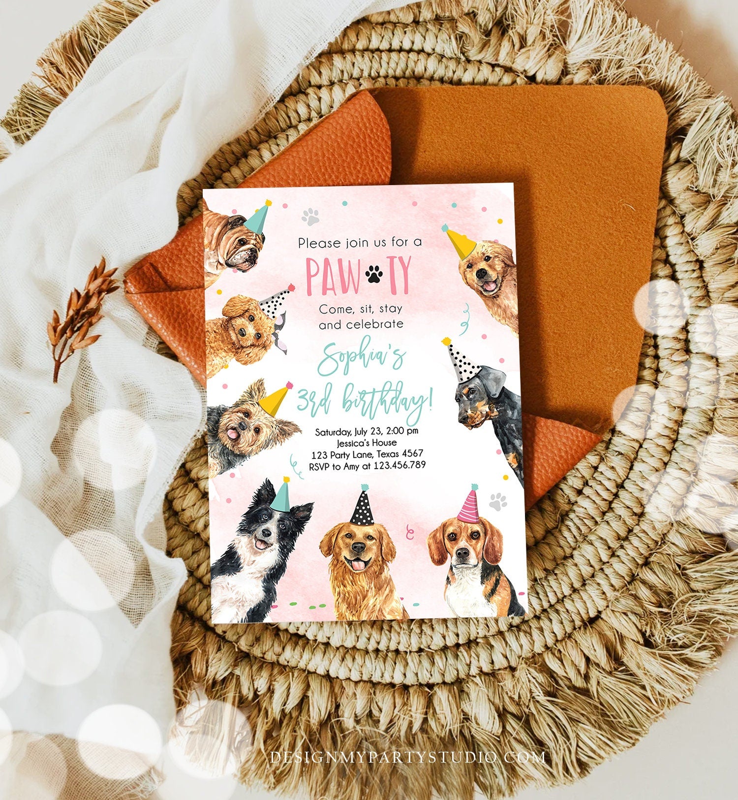 Editable Dog Birthday Party Invitation Puppy Birthday Invite Pink Girl Doggy Shelter Animal Pet Vet Download Printable Template Corjl 0384