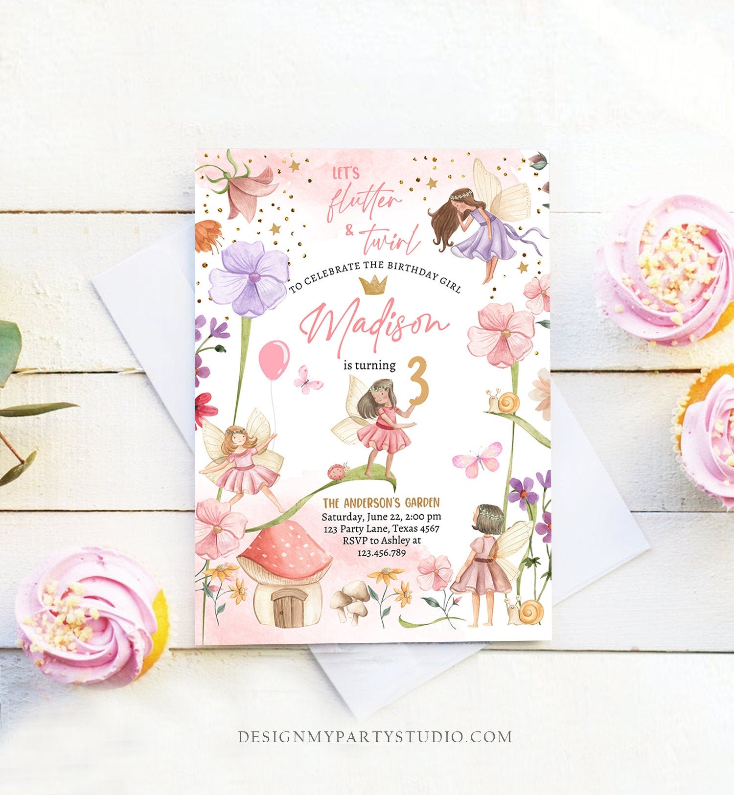 Editable Fairy Birthday Invitation Girl Pink Purple Floral Pixie Fairy Party Whimsical Garden Download Printable Template Corjl Digital 0406