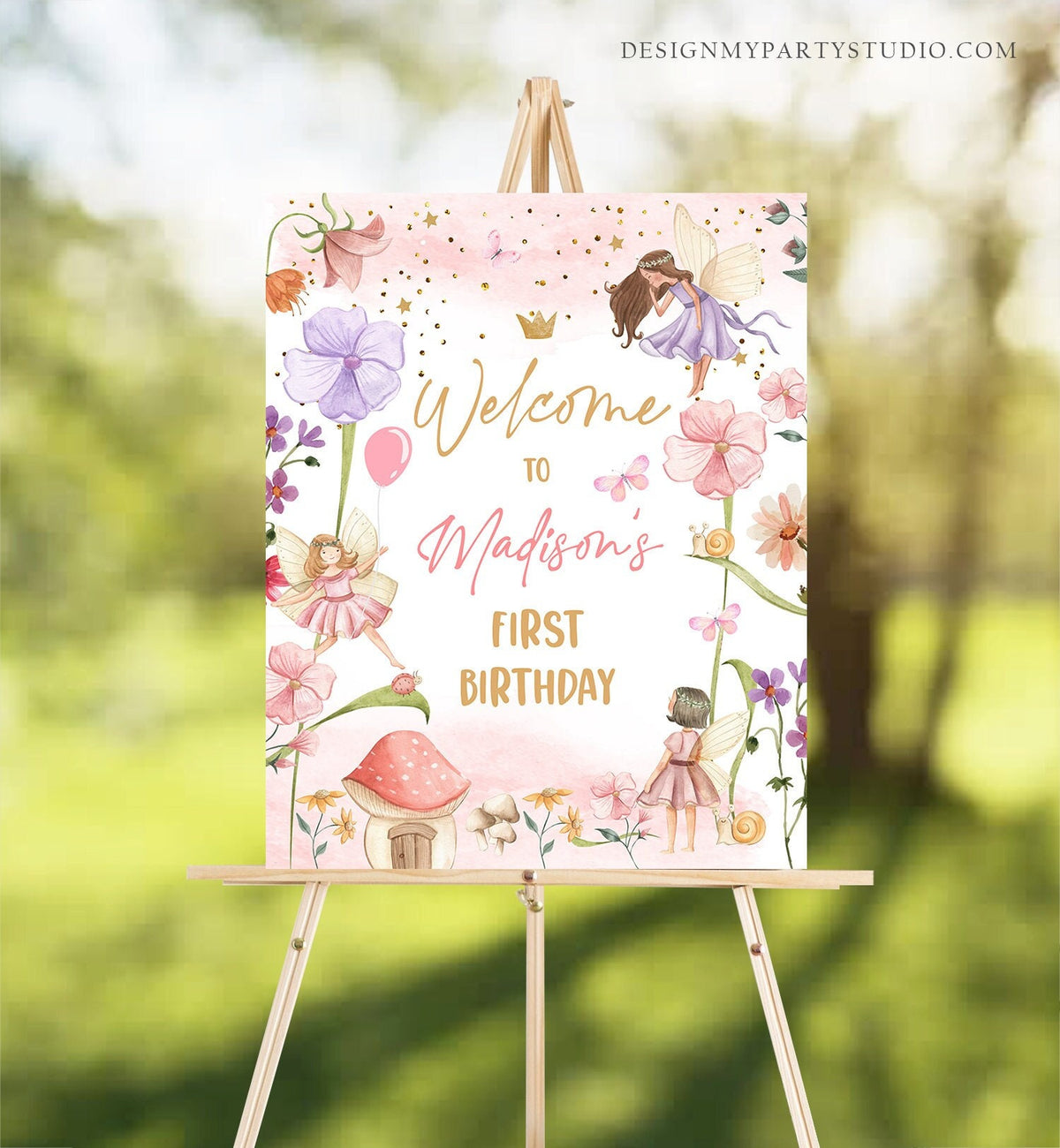 Editable Fairy Birthday Welcome Sign Fairy Garden Sign Whimsical Welcome Enchanted Forest Birthday Girl Pink Template PRINTABLE Corjl 0406
