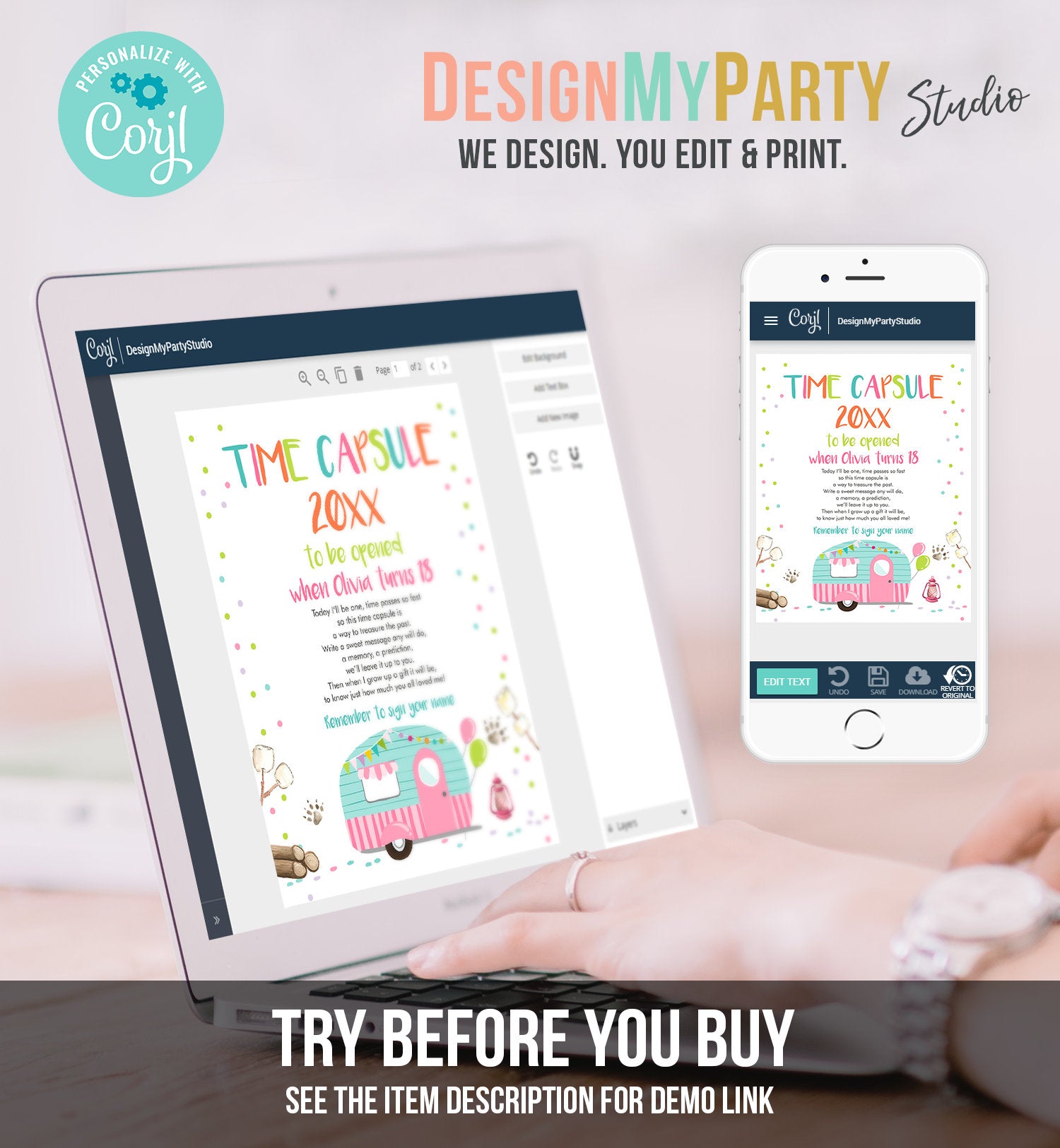 Editable Happy Camper Time Capsule Girl Birthday Party Camping Glamping Caravan Outdoor Pink Guestbook Digital Template Printable 0342