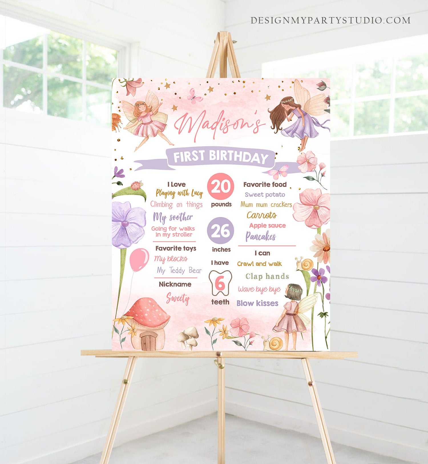 Editable Fairy Birthday Milestones Sign Fairy Tea Party Girl Birthday Garden Party Fairy First Birthday Stats Template Printable Corjl 0406