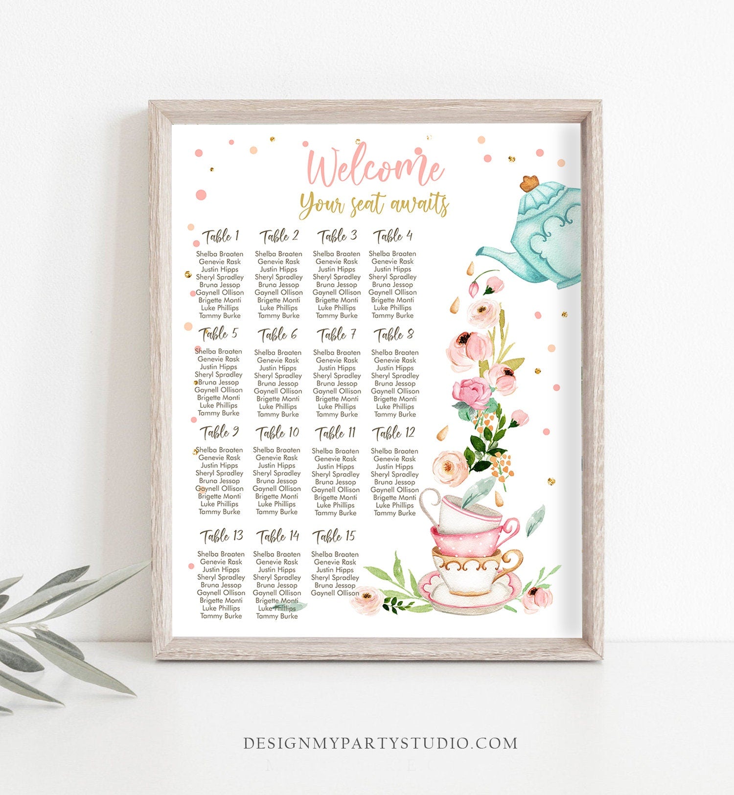 Editable Seating Chart Template Baby is Brewing Baby Shower Seating Sign Floral Tea Party Shower Instant Download Printable Corjl 0349