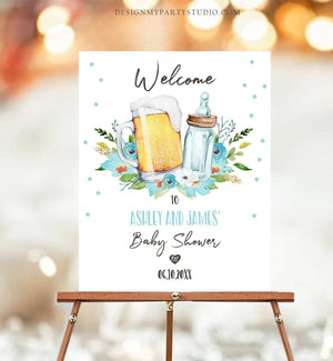 Editable A Baby is Brewing Welcome Sign Brewing Baby Shower Bottle and Beers Cheers Coed Couples Shower Gender Boy Blue Corjl Template 0190