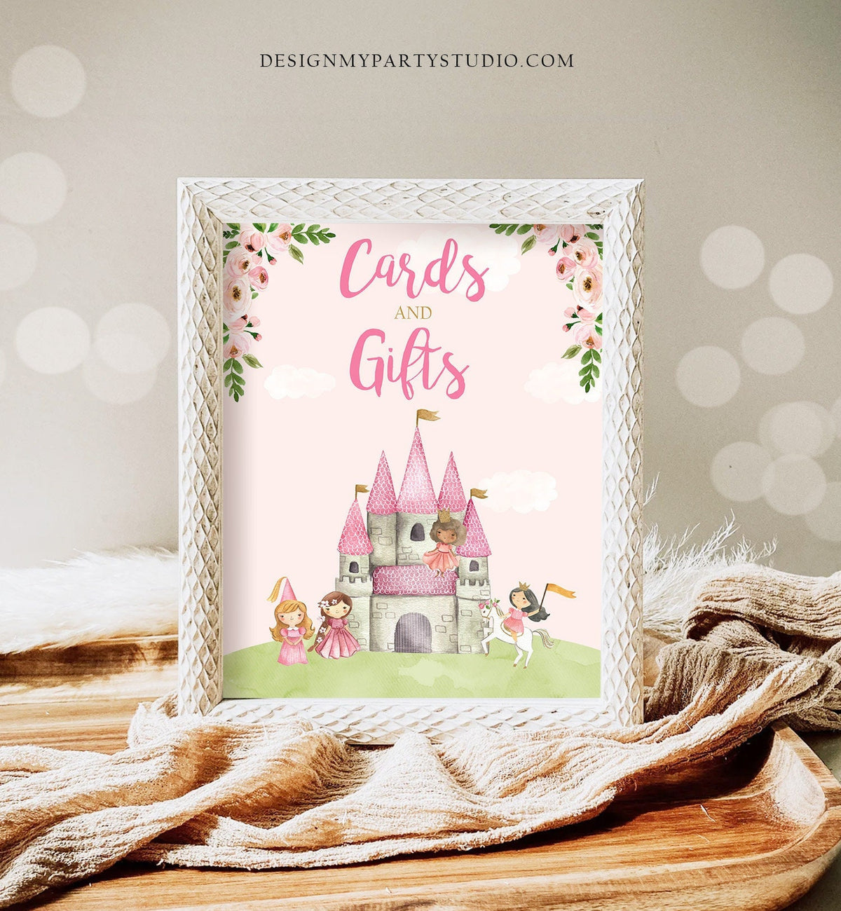 Cards and Gifts Sign Princess Birthday Sign Table Decor Princess Party Pink Gold Girl Castle Knight Upon a Time Digital Printable 0171