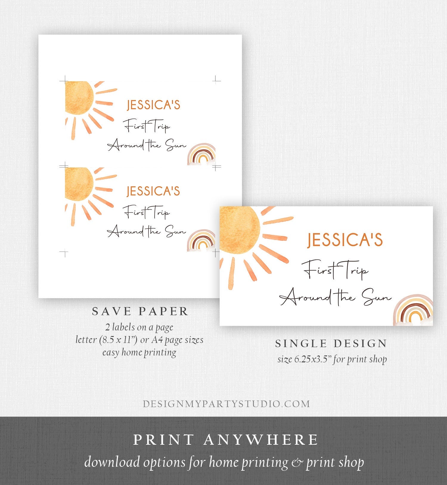 Editable Sun Birthday Party Gable Box Favor Label Boho Sun Gift Box Label Sunshine First Trip Around the Sun Digital Download Printable 0431