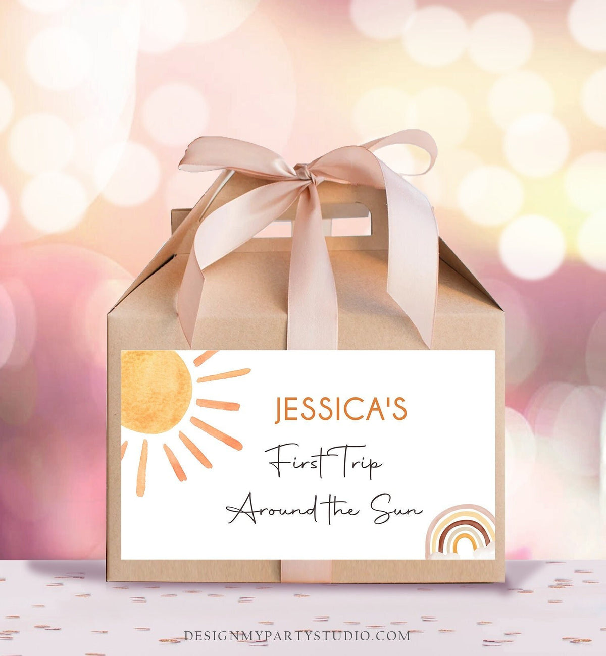 Editable Sun Birthday Party Gable Box Favor Label Boho Sun Gift Box Label Sunshine First Trip Around the Sun Digital Download Printable 0431