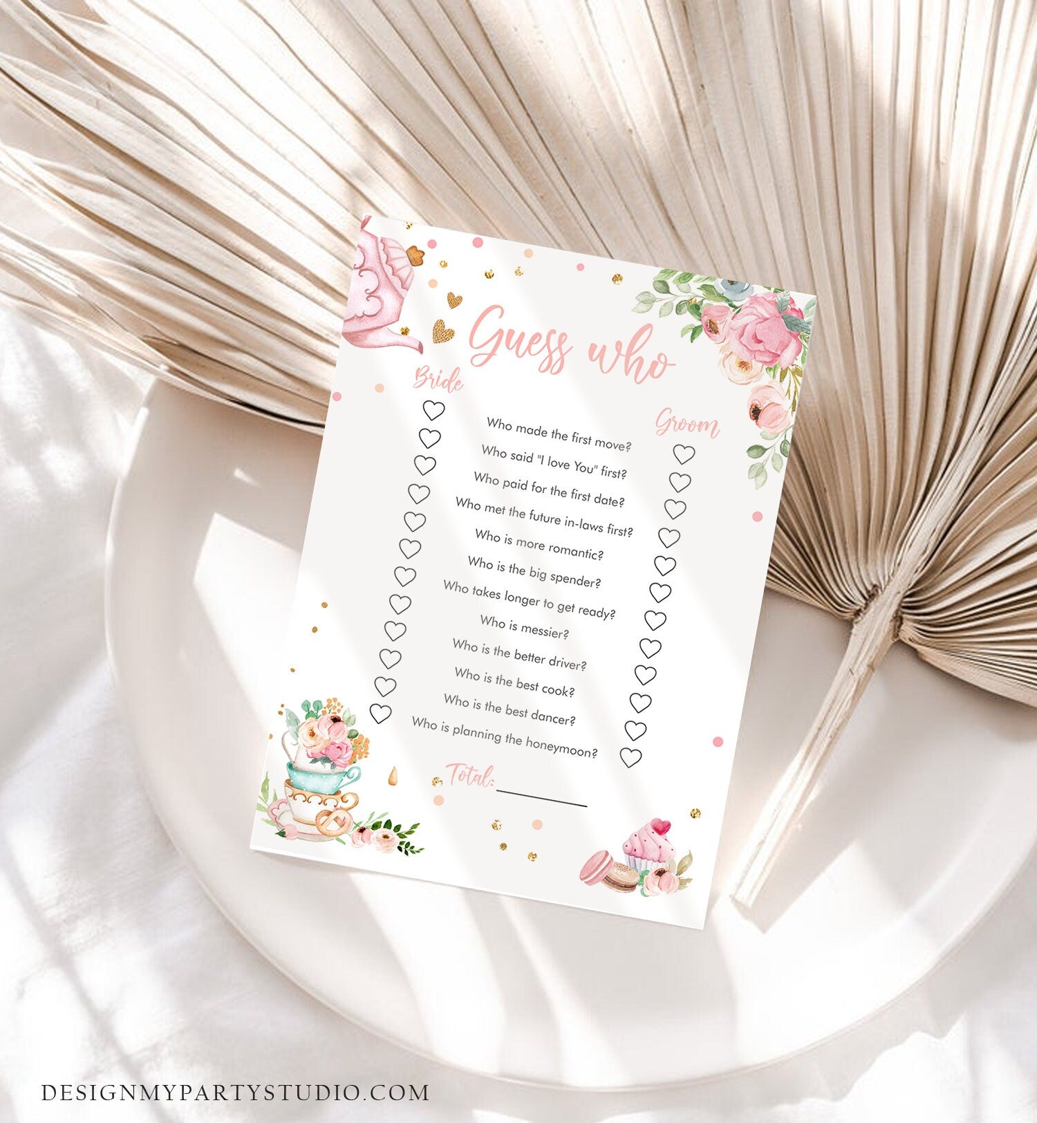 Editable Guess Who Bridal Shower Game Greenery Tea Party Baby is Brewing Pink Rustic Watercolor Bride Groom Corjl Template Printable 0349
