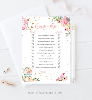 Editable Guess Who Bridal Shower Game Greenery Tea Party Baby is Brewing Pink Rustic Watercolor Bride Groom Corjl Template Printable 0349