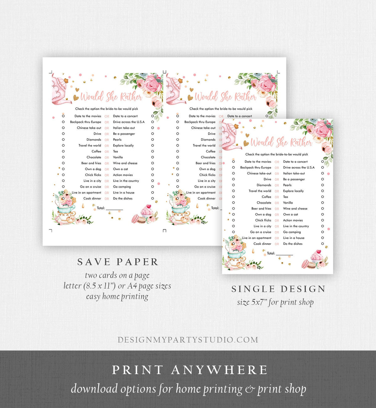 Editable Would She Rather Bridal Shower Game Greenery Tea Party Love is Brewing Pink Rustic Watercolor Guess Corjl Template Printable 0349