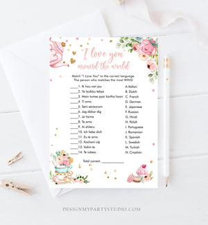 Editable I Love You Around the World Bridal Shower Game Greenery Tea Party Love is Brewing Pink Watercolor Corjl Template Printable 0349