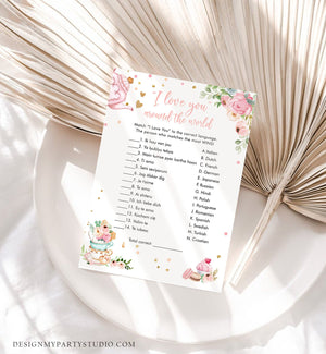 Editable I Love You Around the World Bridal Shower Game Greenery Tea Party Love is Brewing Pink Watercolor Corjl Template Printable 0349