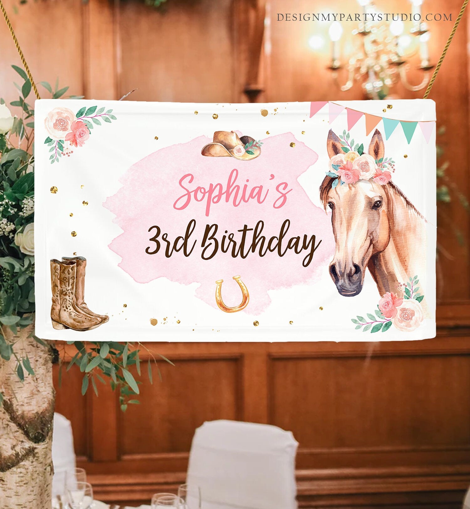 Editable Horse Birthday Backdrop Saddle Up Watercolor Cowgirl Party Girl Pony Birthday Decor Horse Party Sign Corjl Template Printable 0398