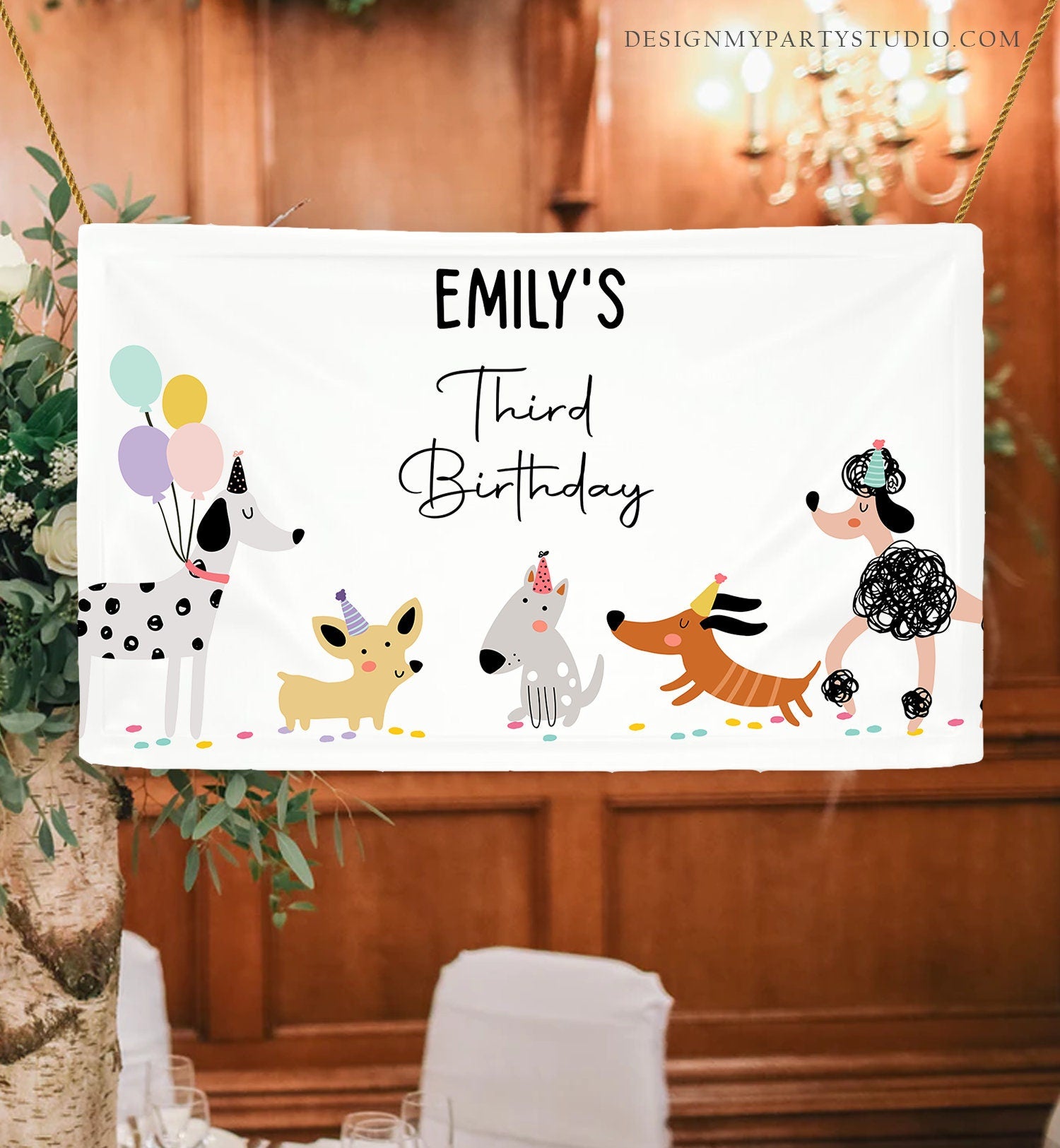 Editable Puppy Backdrop Banner Pink Dog Birthday Puppy Birthday Decorations Adopt a Pet Pawty Doggy Digital Download Template Printable 0429