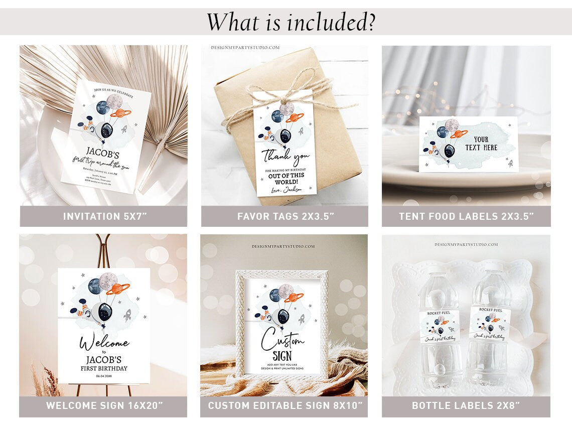 Space Birthday Invitation Bundle Space Party First Trip Around the Sun Galaxy Boy Astronaut Blast Digital Download Template Printable 0366