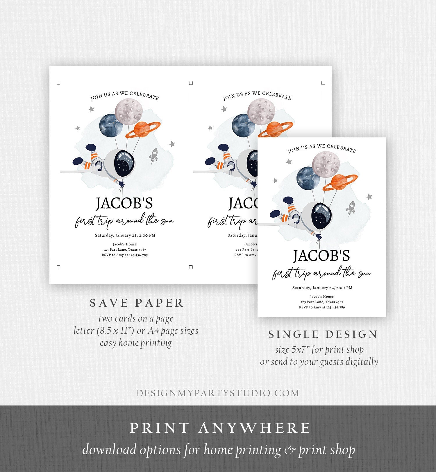 Space Birthday Invitation Bundle Space Party First Trip Around the Sun Galaxy Boy Astronaut Blast Digital Download Template Printable 0366
