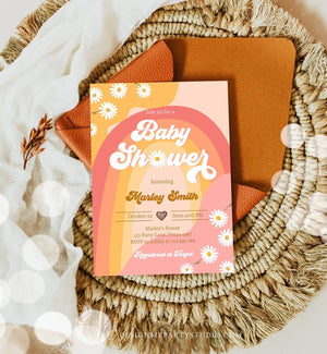 Editable Retro Baby Shower Invitation Boho Daisy Rainbow Flower Power 70's Hippie Bohemian Download Printable Template Corjl Digital 0428
