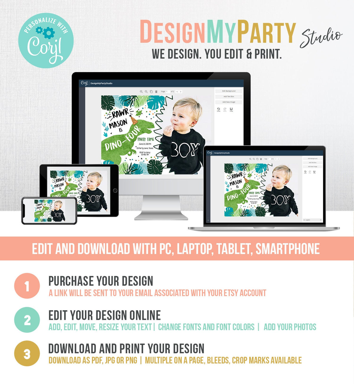 Editable Dino-Four Dinosaur Birthday Invitation Dino T-Rex 4th Birthday Fourth Rawr Boy Green Blue Prehistoric Printable Corjl Template 0389