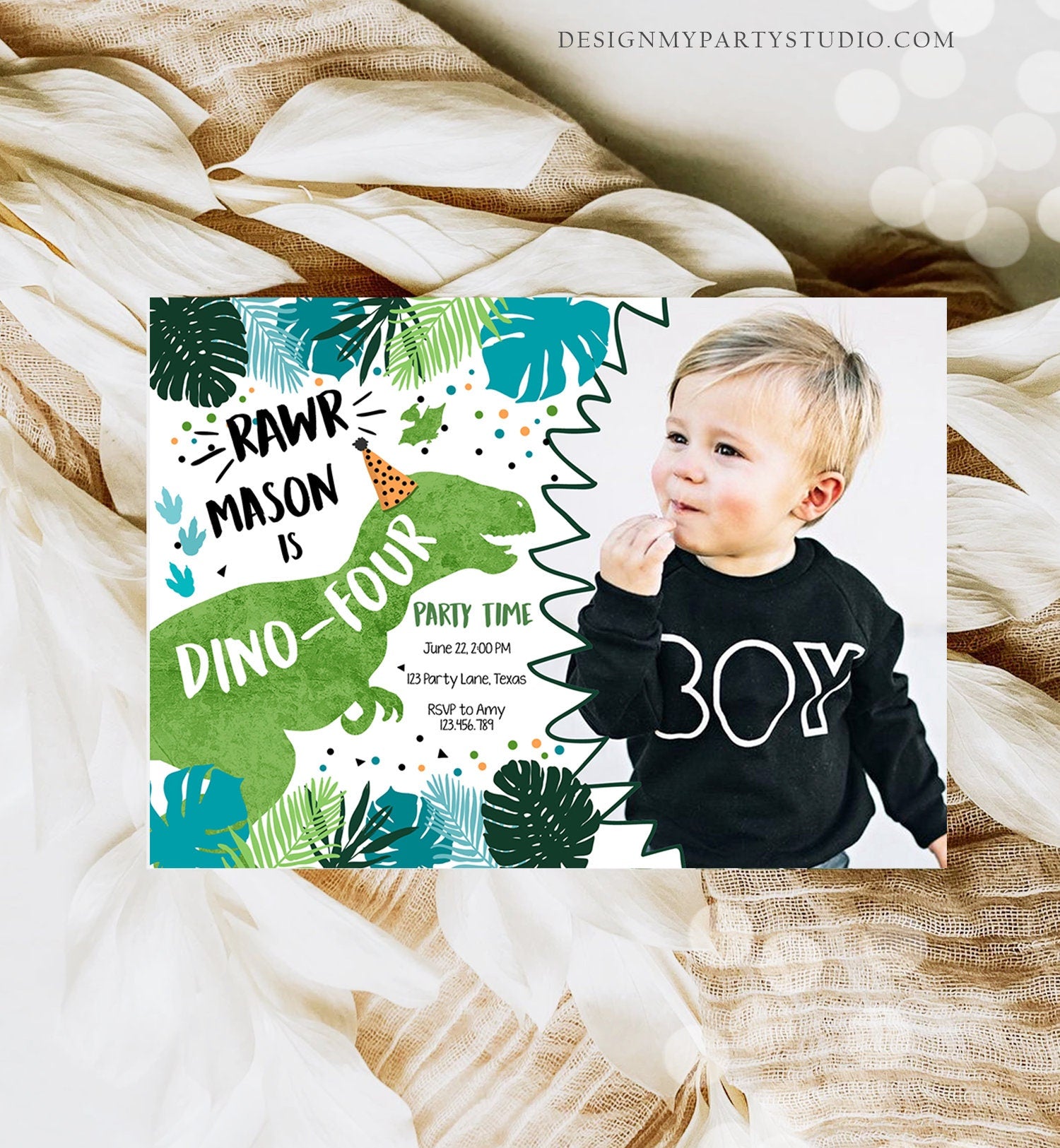 Editable Dino-Four Dinosaur Birthday Invitation Dino T-Rex 4th Birthday Fourth Rawr Boy Green Blue Prehistoric Printable Corjl Template 0389