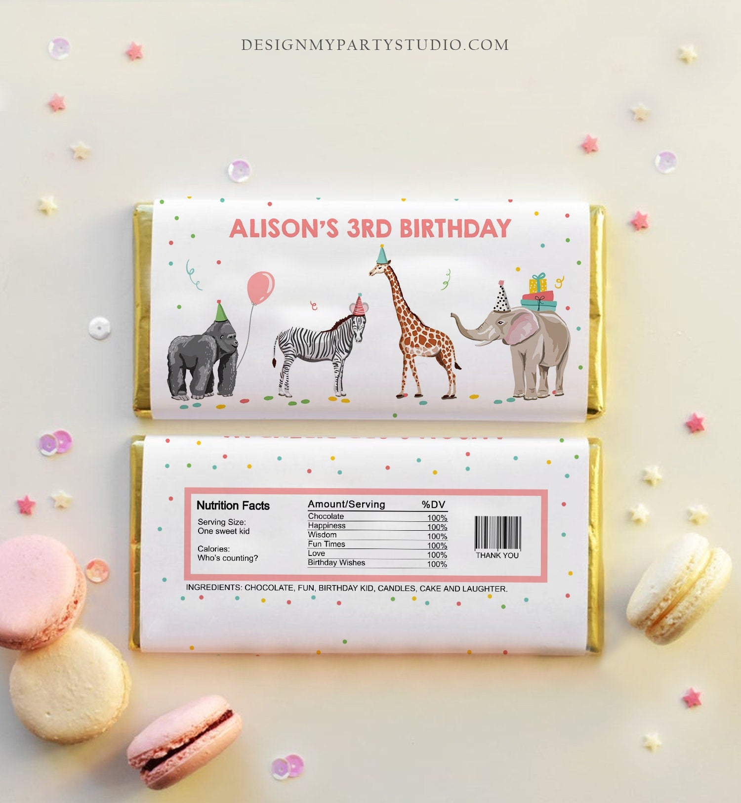 Editable Party Animals Candy Bar Wrapper Safari Animals Birthday Chocolate Bar Wrapper Safari Favors Digital Template Printable 0142