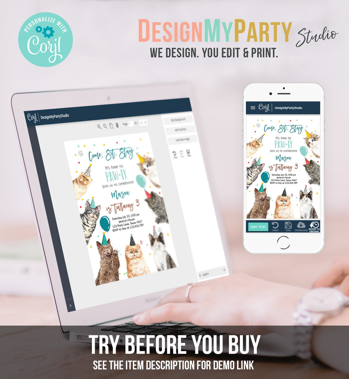 Editable Cat Birthday Party Invitation Kitten Birthday Invite Blue Boy Kitty Cat Pet Cute Digital Download Evite Template Printable 0384