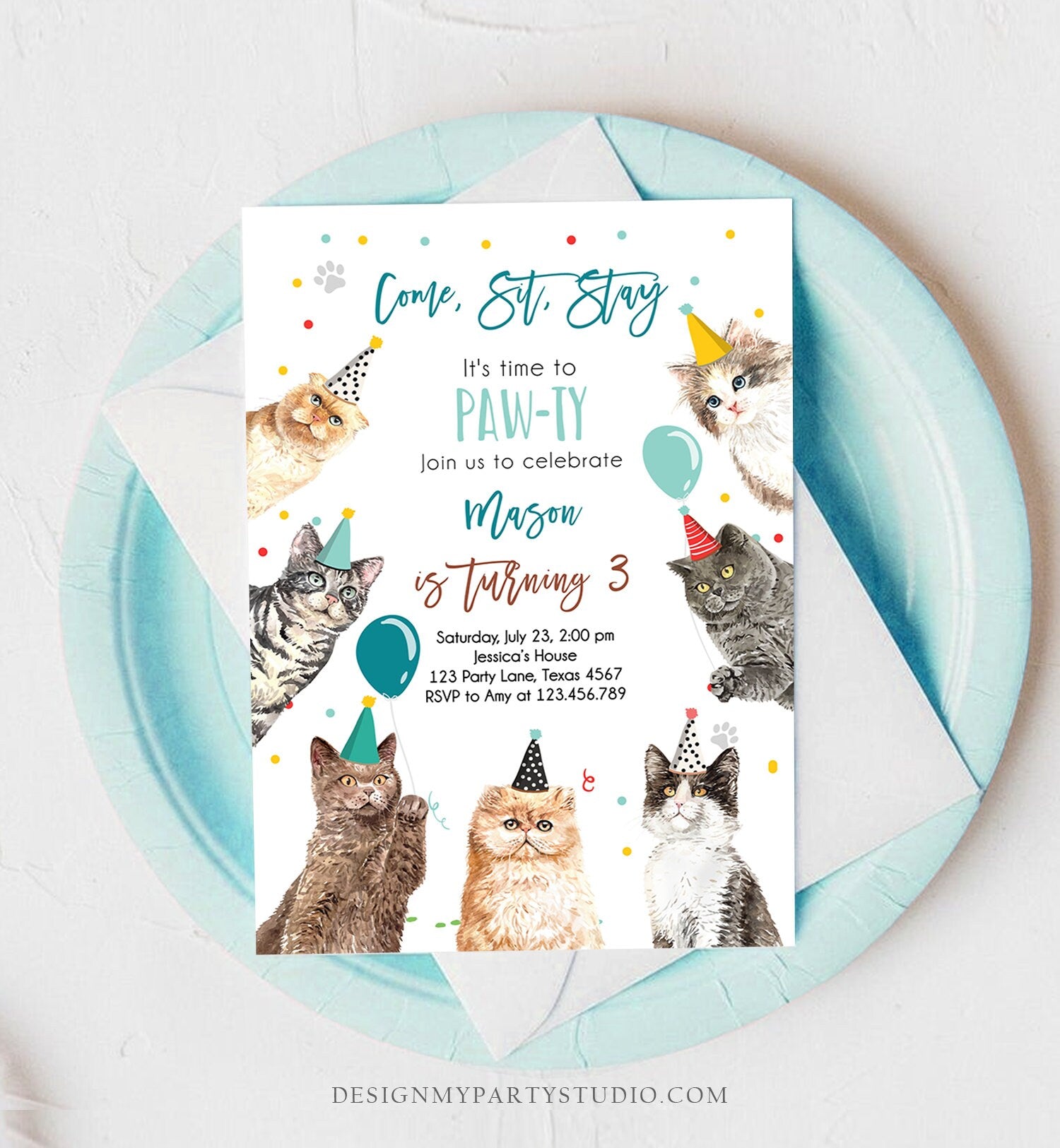 Editable Cat Birthday Party Invitation Kitten Birthday Invite Blue Boy Kitty Cat Invitation Pet Cute Download Printable Template Corjl 0384