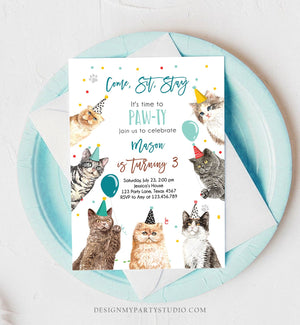 Editable Cat Birthday Party Invitation Kitten Birthday Invite Blue Boy Kitty Cat Invitation Pet Cute Download Printable Template Corjl 0384