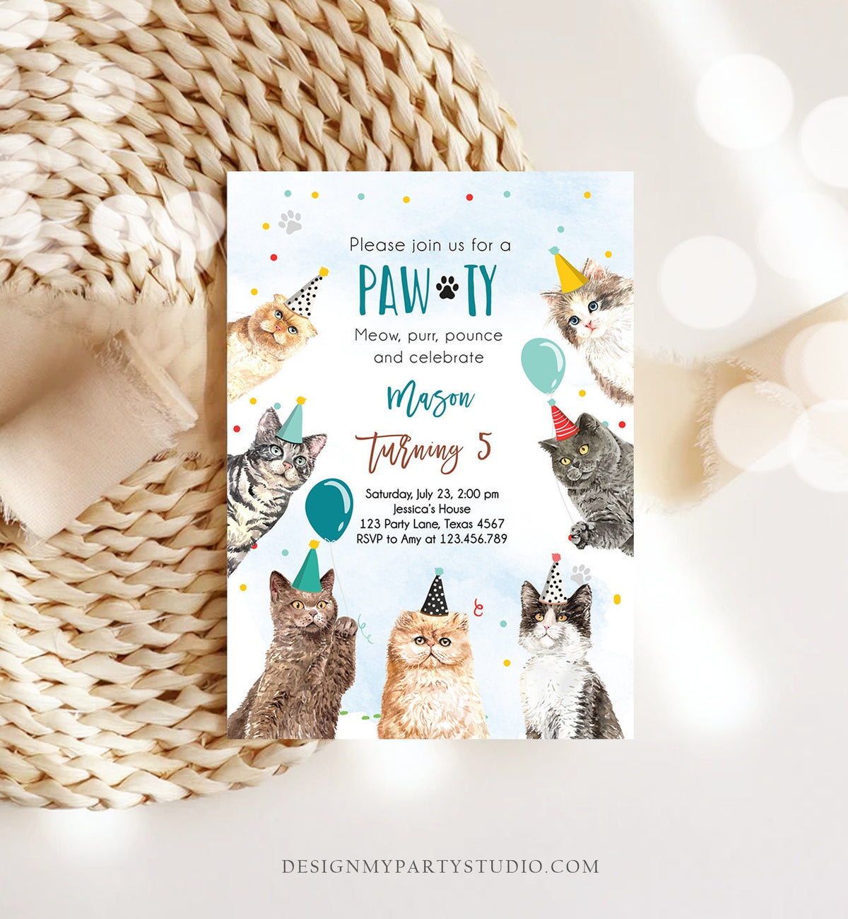 Editable Cat Birthday Party Invitation Kitten Birthday Invite Blue Boy Kitty Cat Invitation Pet Cute Download Printable Template Corjl 0384