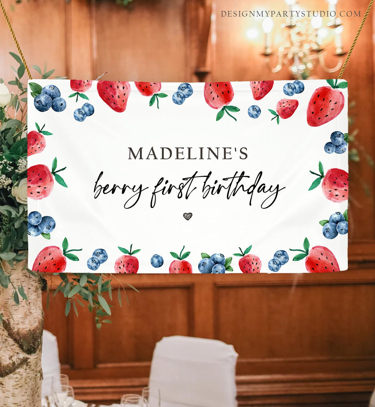 Editable Strawberry Blueberry Backdrop Banner Berry First Birthday Girl Strawberries Berry Sweet Digital Download Template Printable 0399