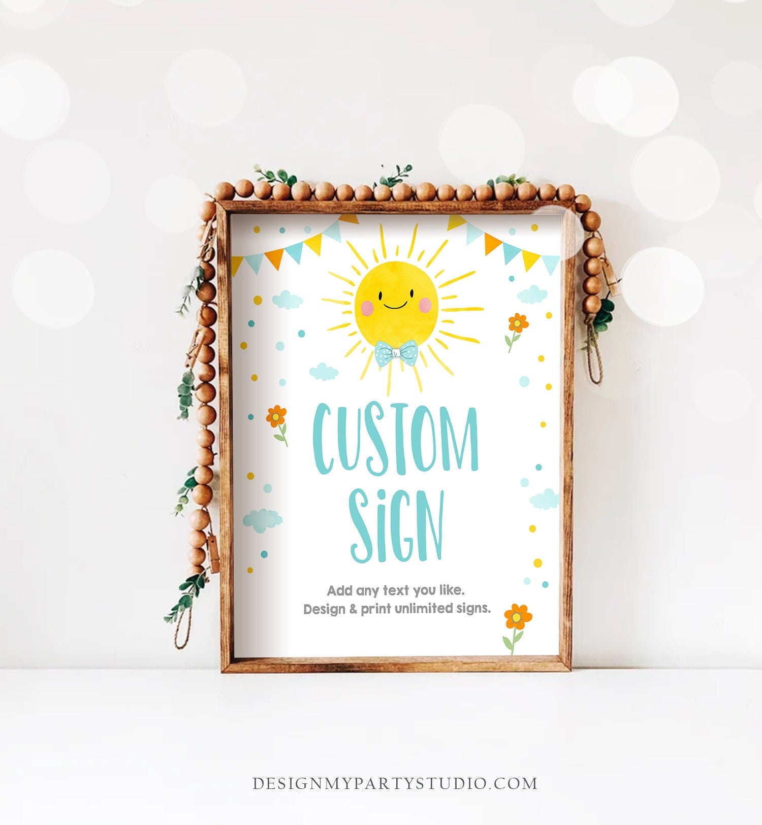 Editable Custom Little Sunshine Sign Blue Boy Birthday Party Little Sunshine Summer Sun Bow Tie Digital Download Template Printable 0141