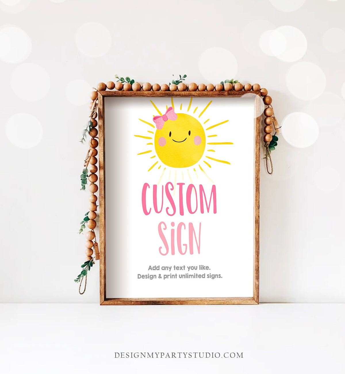 Editable Custom Little Sunshine Sign Pink First Birthday Party Girl Sunshine Party Summer Sun Bow Digital Download Template Printable 0141