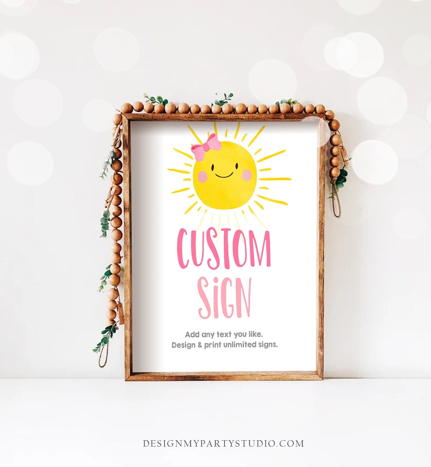 Editable Custom Little Sunshine Sign Pink First Birthday Party Girl Sunshine Party Summer Sun Bow Digital Download Template Printable 0141