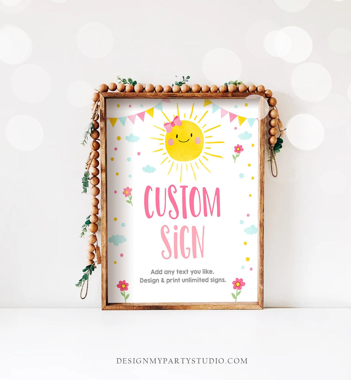 Editable Custom Little Sunshine Sign Pink Girl Birthday Party Summer Sunshine Party Summer Sun Bow Digital Download Template Printable 0141