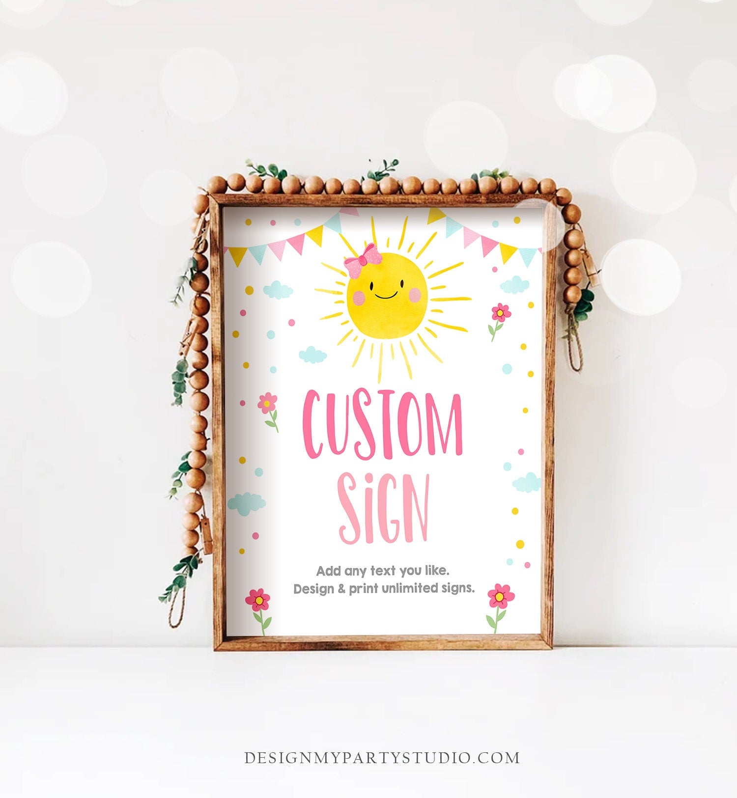 Editable Custom Little Sunshine Sign Pink Girl Birthday Party Summer Sunshine Party Summer Sun Bow Digital Download Template Printable 0141