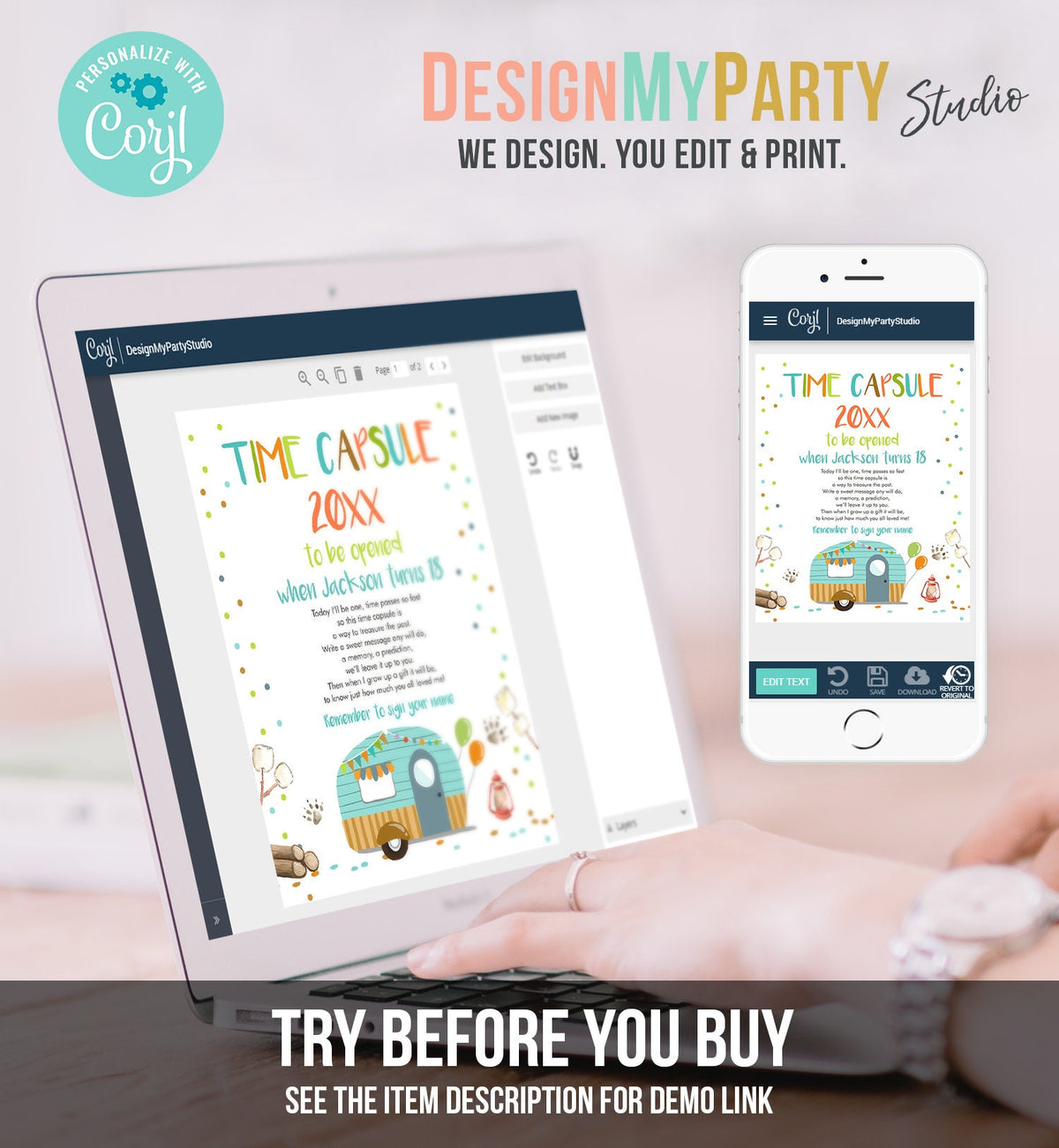 Editable Happy Camper Time Capsule Boy Birthday Party Camping Glamping Caravan Outdoor Blue Guestbook Digital Template Printable 0342