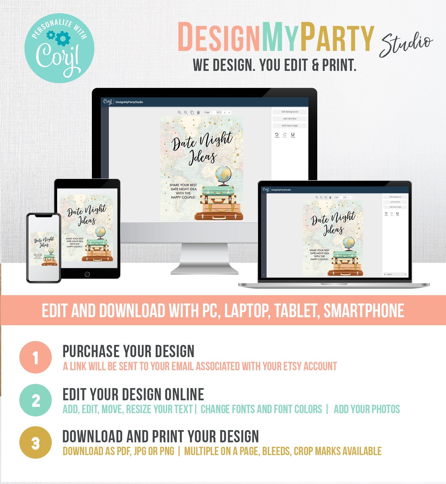 Editable Date Night Ideas Bridal Shower Game Travel Adventure Greenery Gold Date Jar Sign Digital Download Template Printable 0263