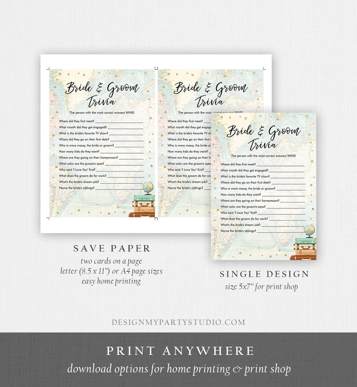 Editable Bride and Groom Trivia Bridal Shower Game Travel Adventure Gold Confetti What Did He or She Said Download Corjl Printable 0263