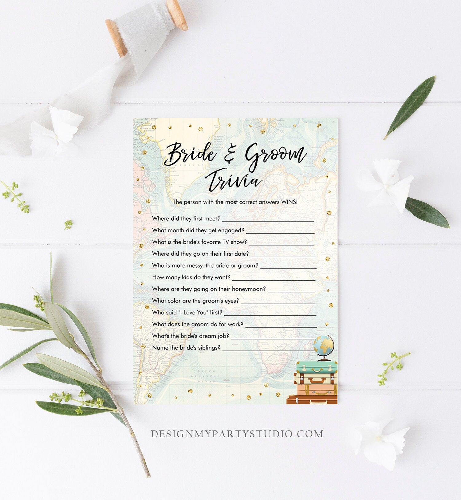 Editable Bride and Groom Trivia Bridal Shower Game Travel Adventure Gold Confetti What Did He or She Said Download Corjl Printable 0263
