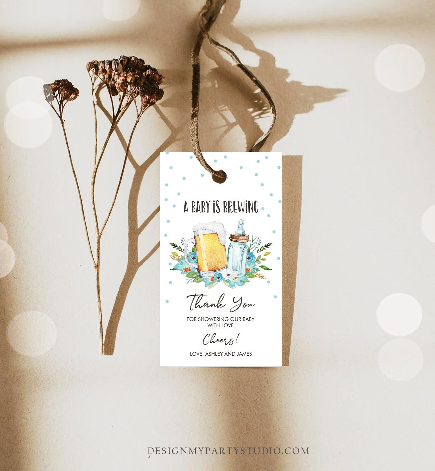 Editable A Baby is Brewing Baby Shower Favor Tags Beer Baby Shower Thank You Tags Label Boy Blue Tags Gift Template Corjl Printable 0190