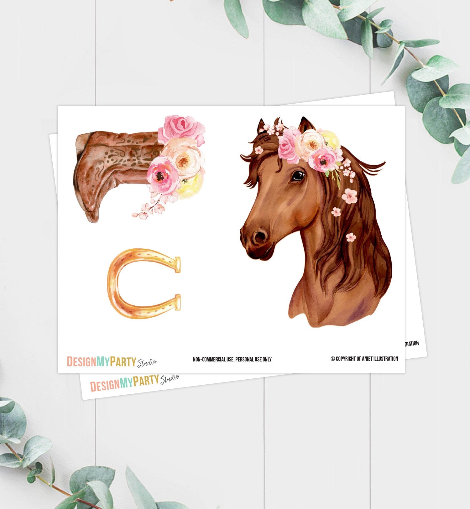 Printable Horse Cake Topper Horse Centerpieces Saddle Up Watercolor Cowgirl Party Girl Pony Birthday Decoration Floral Download Digital 0408