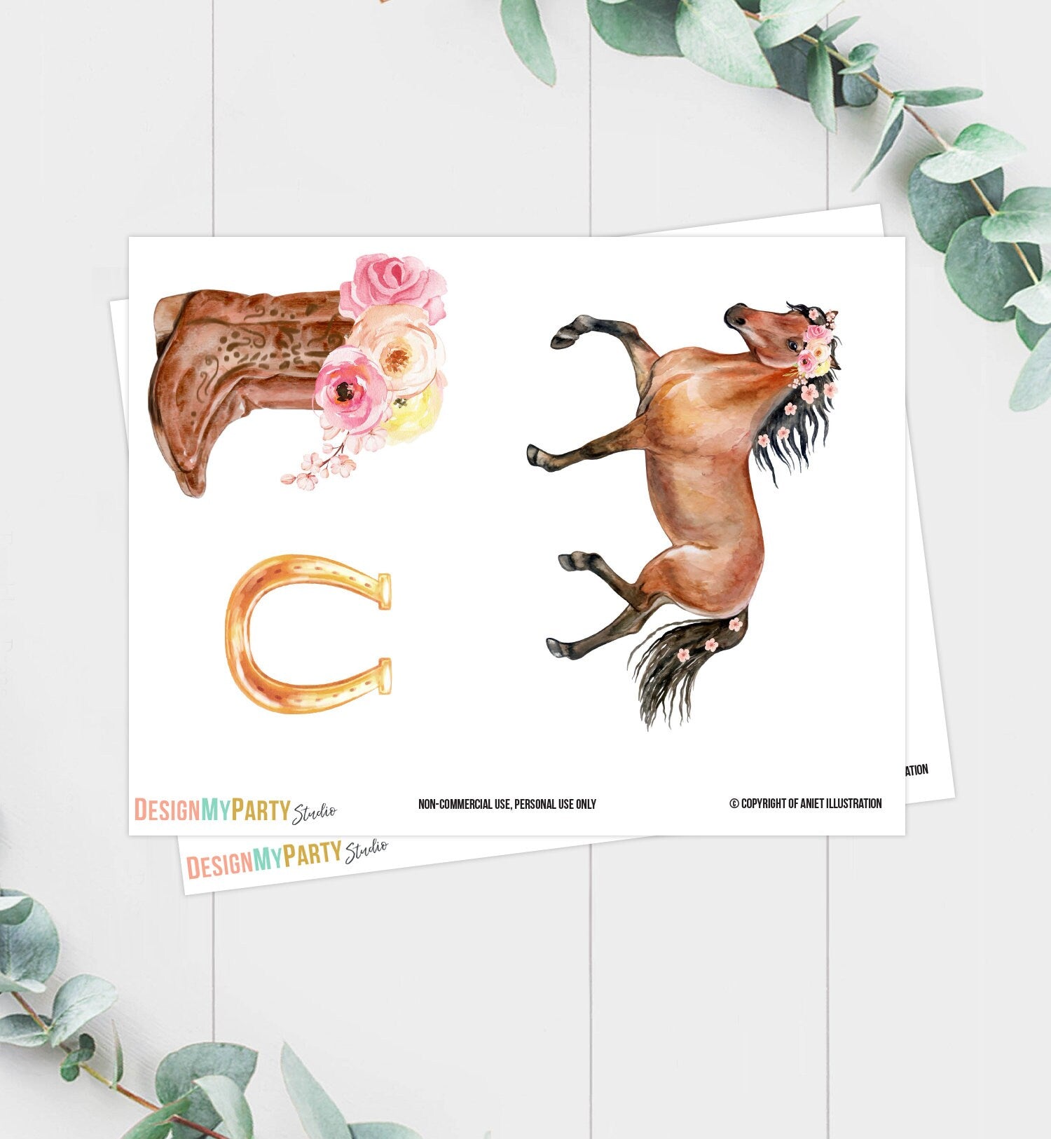 Printable Horse Cake Topper Horse Centerpieces Saddle Up Watercolor Cowgirl Party Girl Pony Birthday Decoration Floral Download Digital 0408