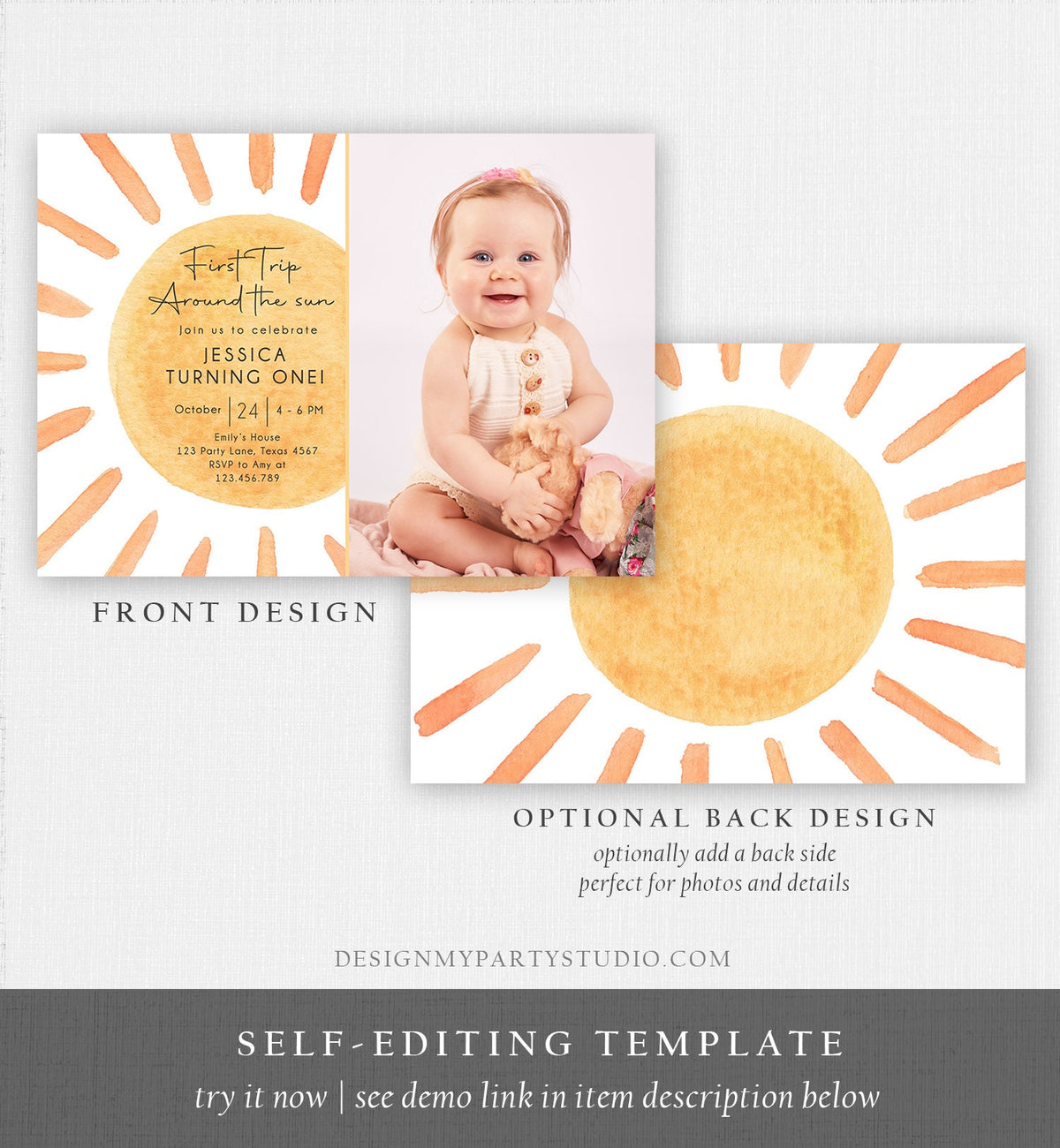 Editable First Trip Around The Sun Birthday Invitation 1st Birthday Summer Sunshine Boho Download Printable Template Digital Corjl 0431