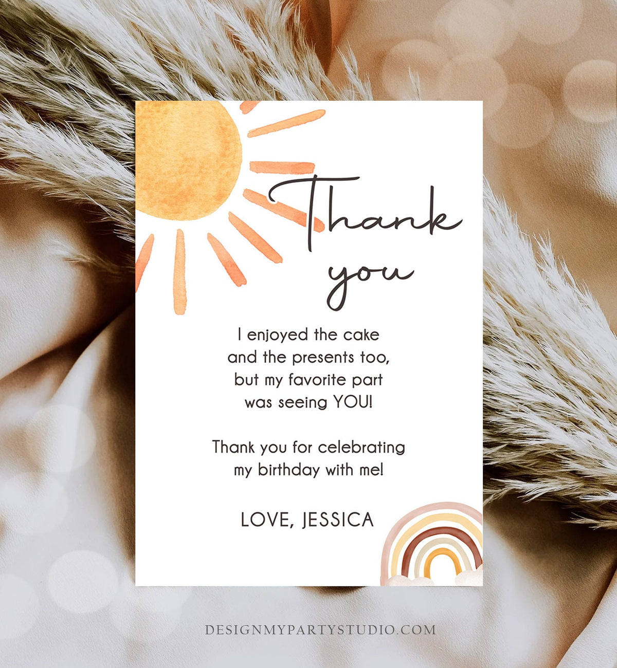 Editable Sun Thank You Card Sun Birthday Party Thank You Note Sunshine 1st Trip Around the Sun Digital Download Template Printable 0431