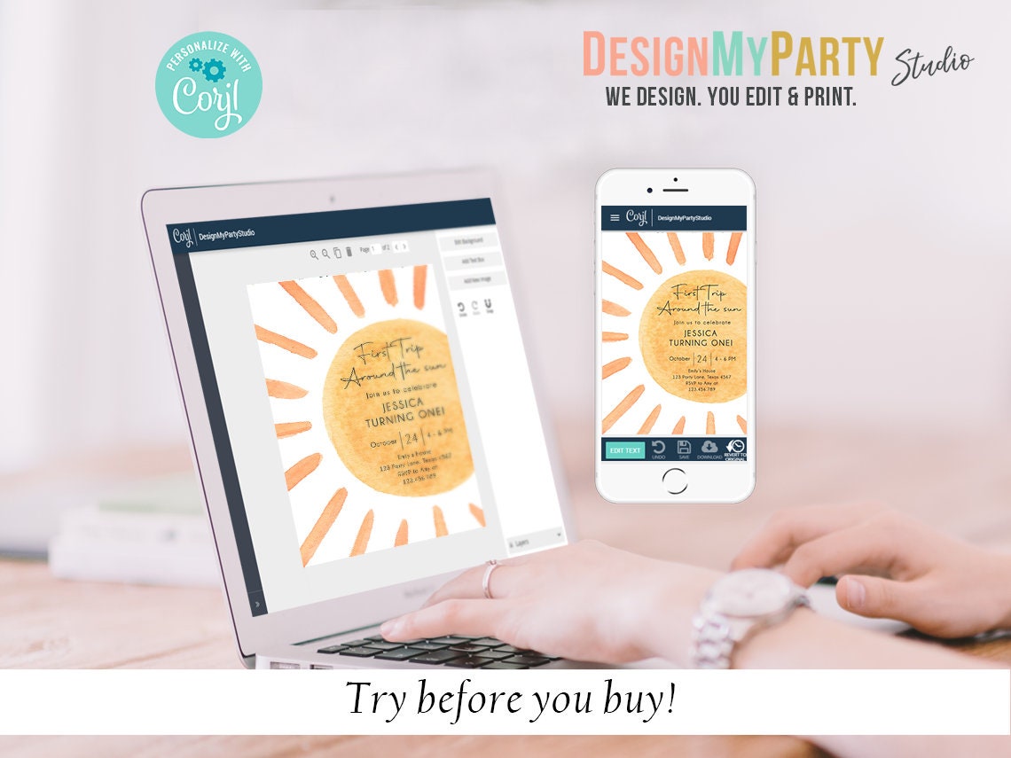 First Trip Around The Sun Birthday Invitation Bundle 1st Sunshine Party Girl Boy Kit Package Digital Download Template Printable 0431