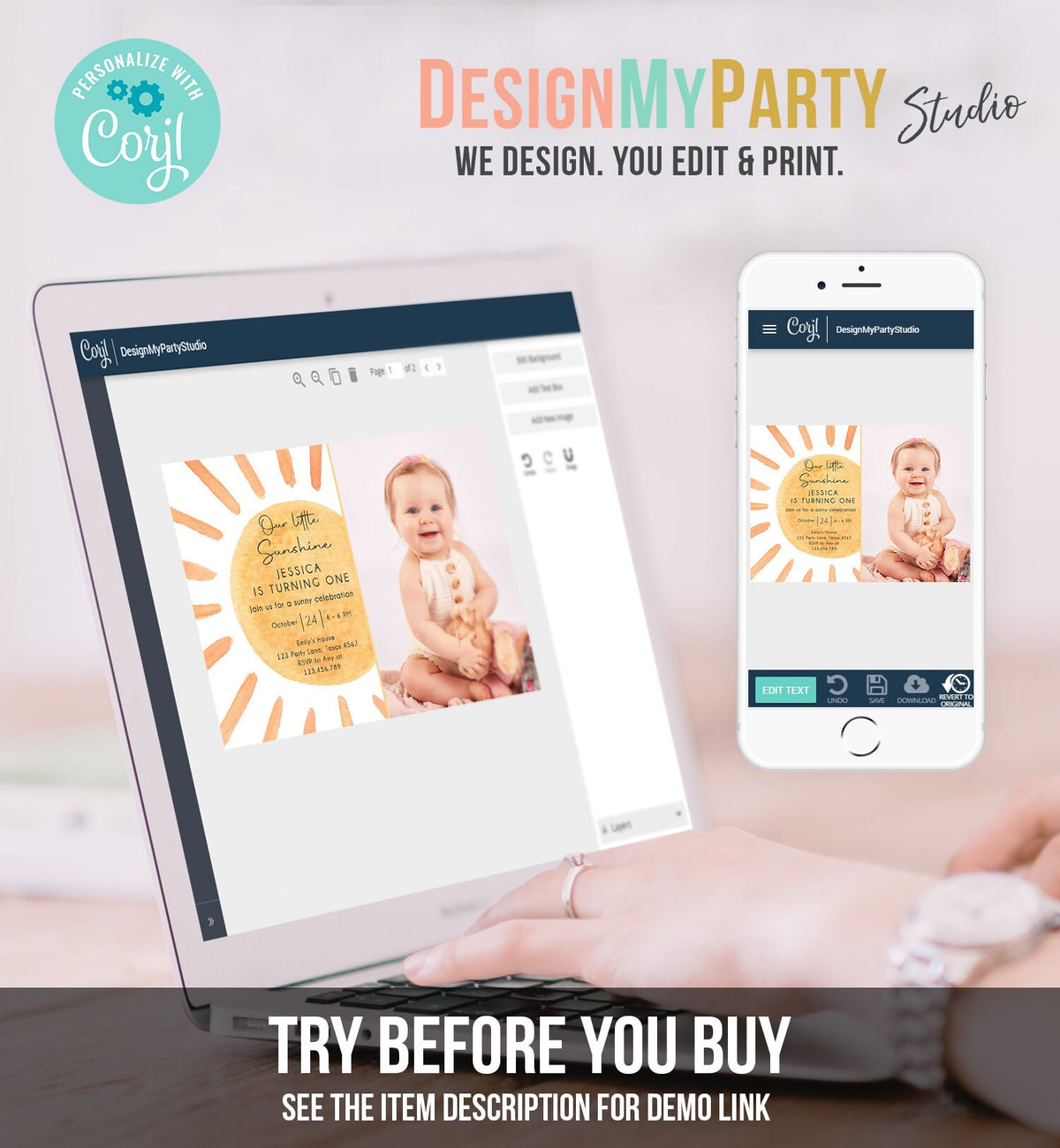 Editable Our Little Sunshine Birthday Invitation 1st Summer Sunshine Party Neutral Boho Digital Download Evite Template Printable 0431