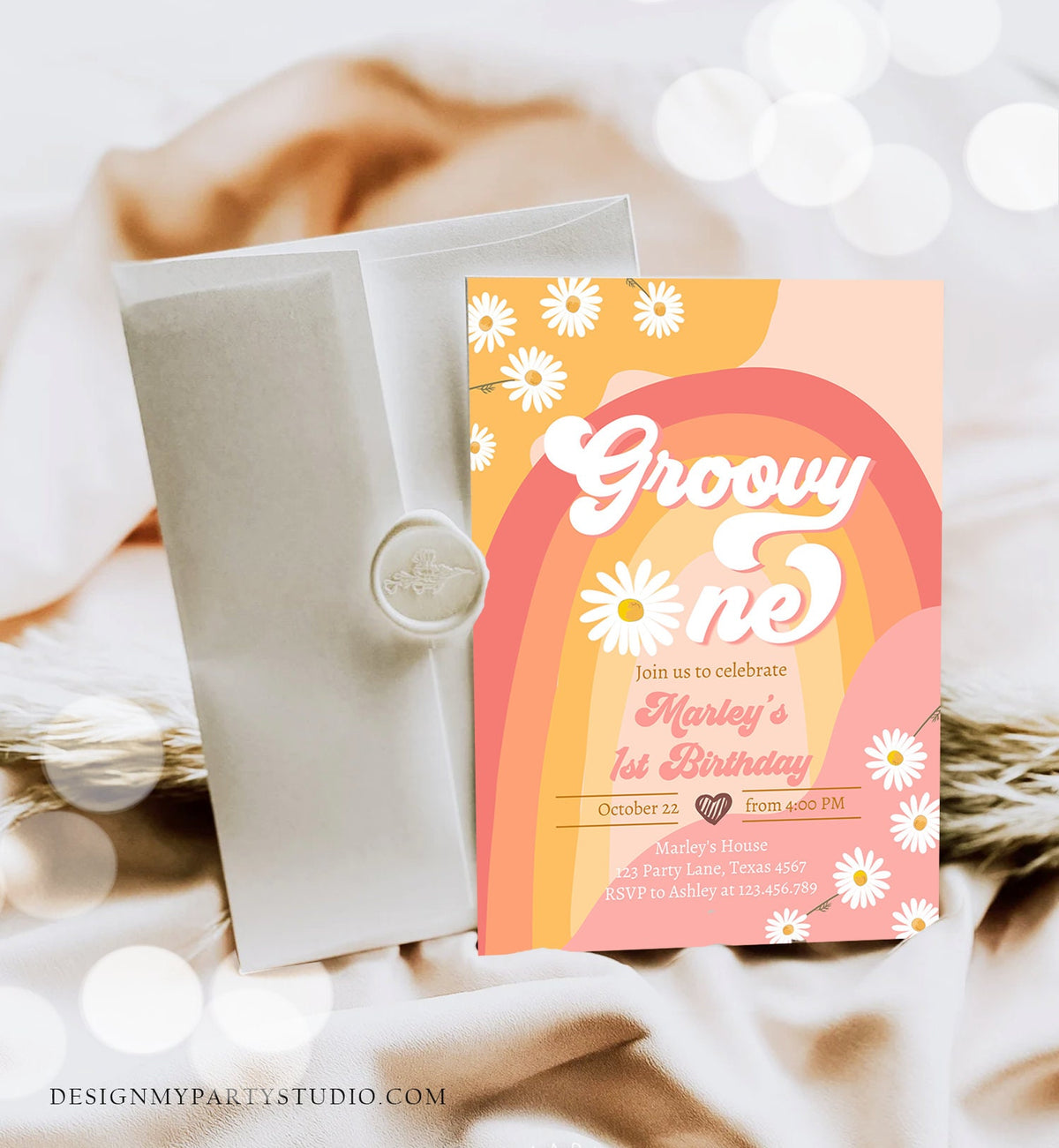 Editable Groovy One Retro 1st Birthday Invitation First Birthday Retro Floral 70s Flower Power Festival Download Template Corjl Digital 0428