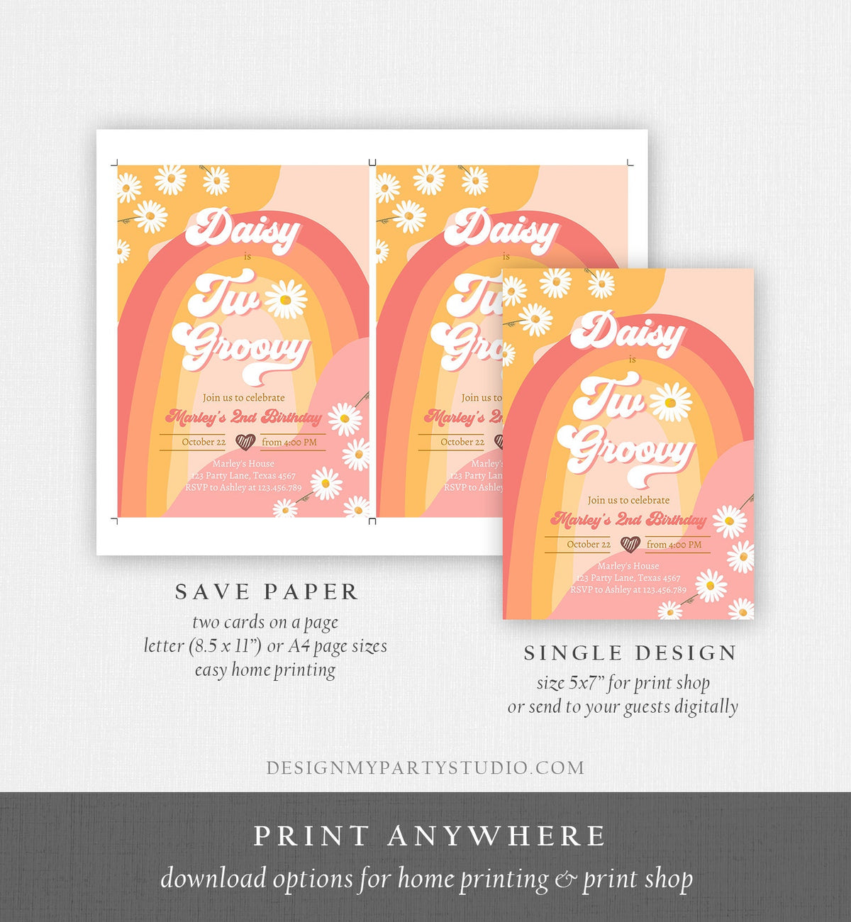 Editable Two Groovy Birthday Party Invitation 2nd Birthday Boho Retro Flower Power 70&#39;s Daisy Download Printable Template Corjl Digital 0428