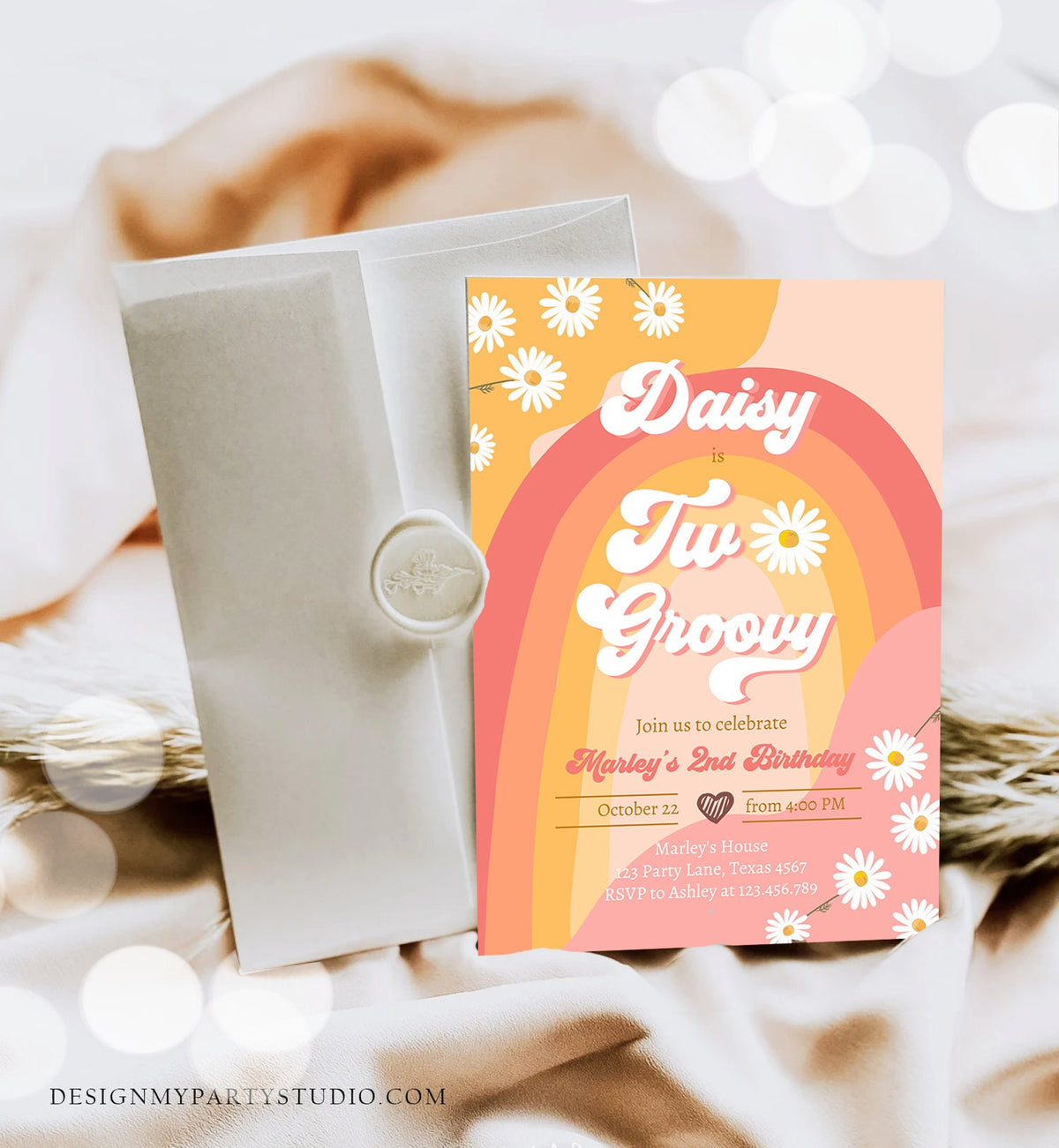 Editable Two Groovy Birthday Party Invitation 2nd Birthday Boho Retro Flower Power 70&#39;s Daisy Download Printable Template Corjl Digital 0428