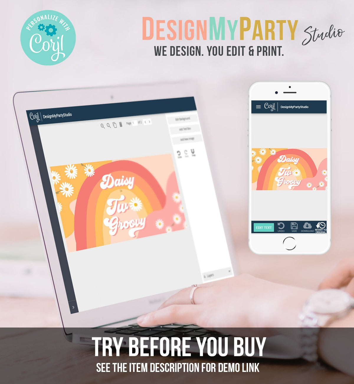 Editable Groovy Birthday Party Gable Box Favor Label Hippie 70&#39;s Gift Box Labels Festival Two Groovy Daisy Digital Download Printable 0428