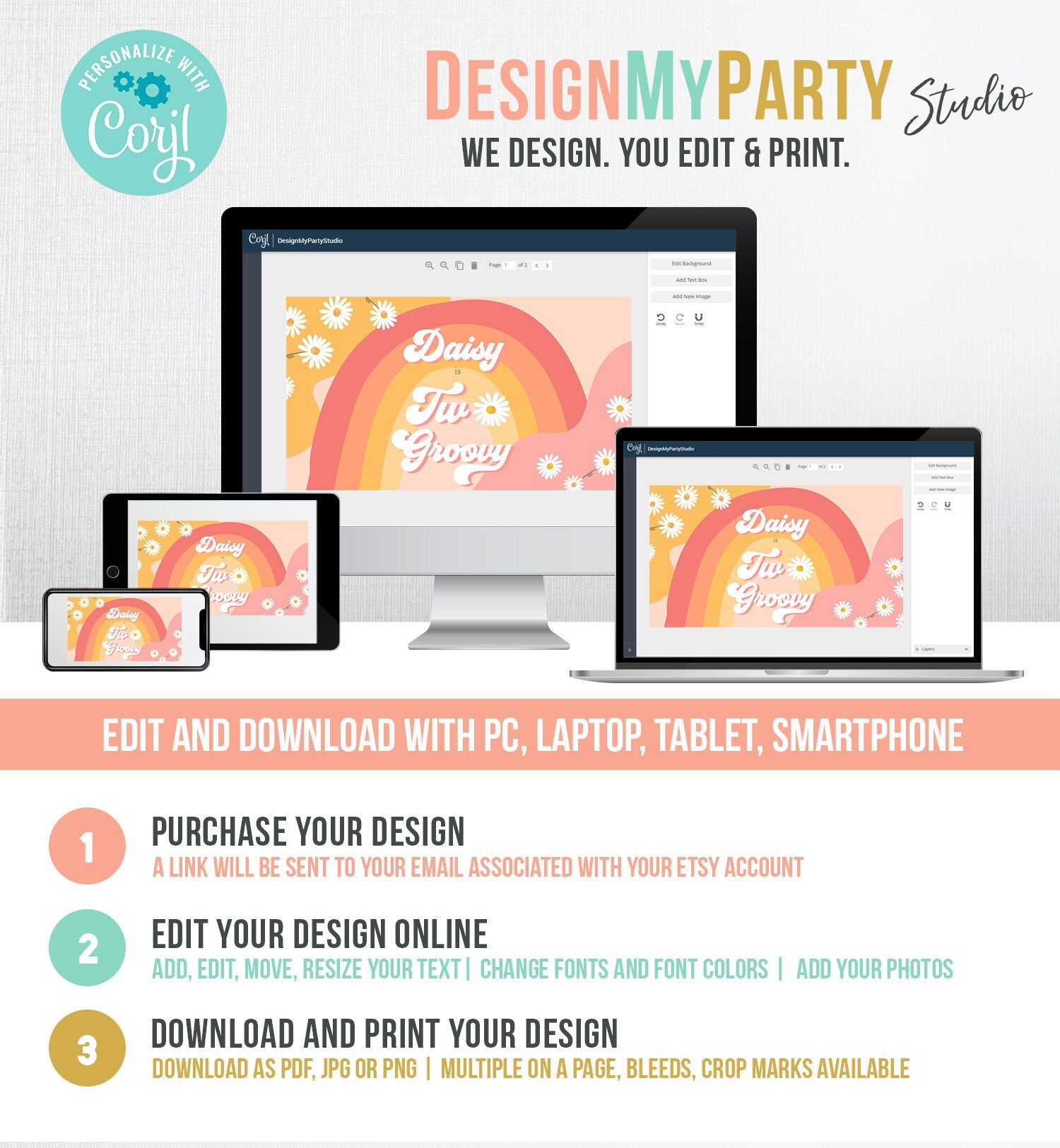 Editable Groovy Birthday Party Gable Box Favor Label Hippie 70's Gift Box Labels Festival Two Groovy Daisy Digital Download Printable 0428